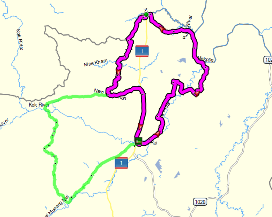 GPS Planung pink=original, grün= extra Umweg