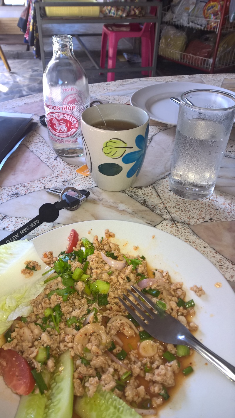 Local lunch: Tea, Soda and Larb Moo...yummi...